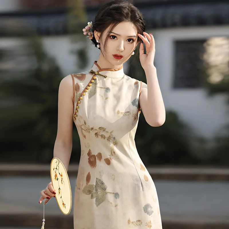 Женское Двуслойное платье-Ципао без рукавов Элегантное Длинное Платье в стиле