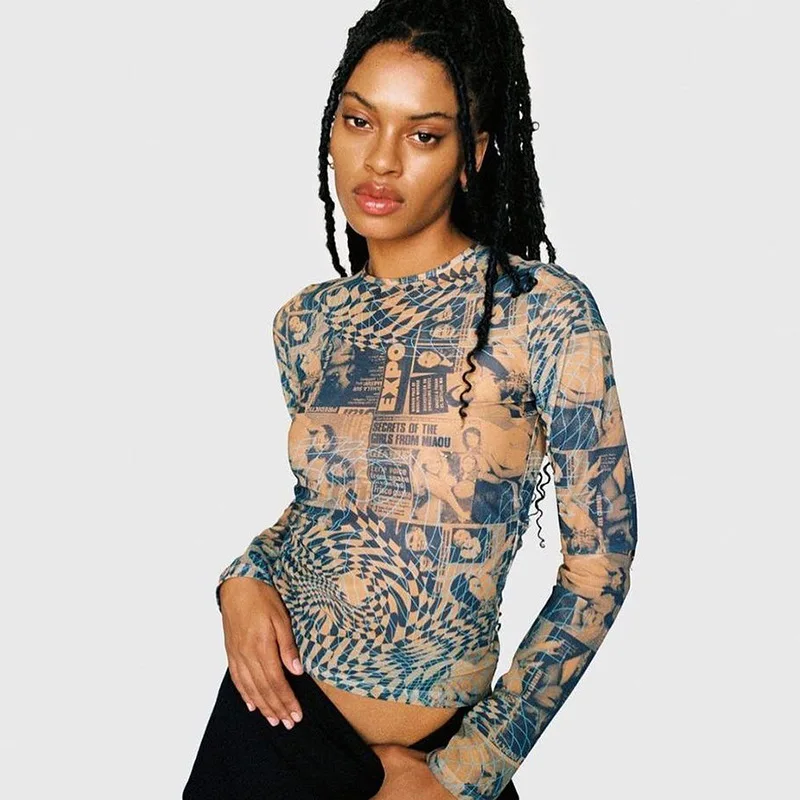 

Printed Long Sleeve Slim Fit Vintage Y2K O Neck T-shirt Skinny For Women