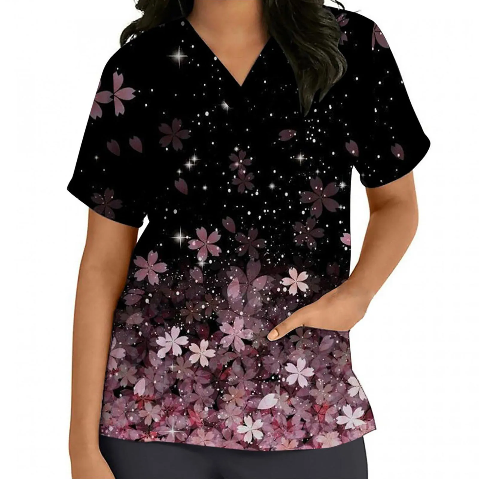 

Loose Fit Tops For Women Summer Short Sleeve Tops Casual Flower Print Workwear V Neck Pockets Workwear Casual Women's Tops