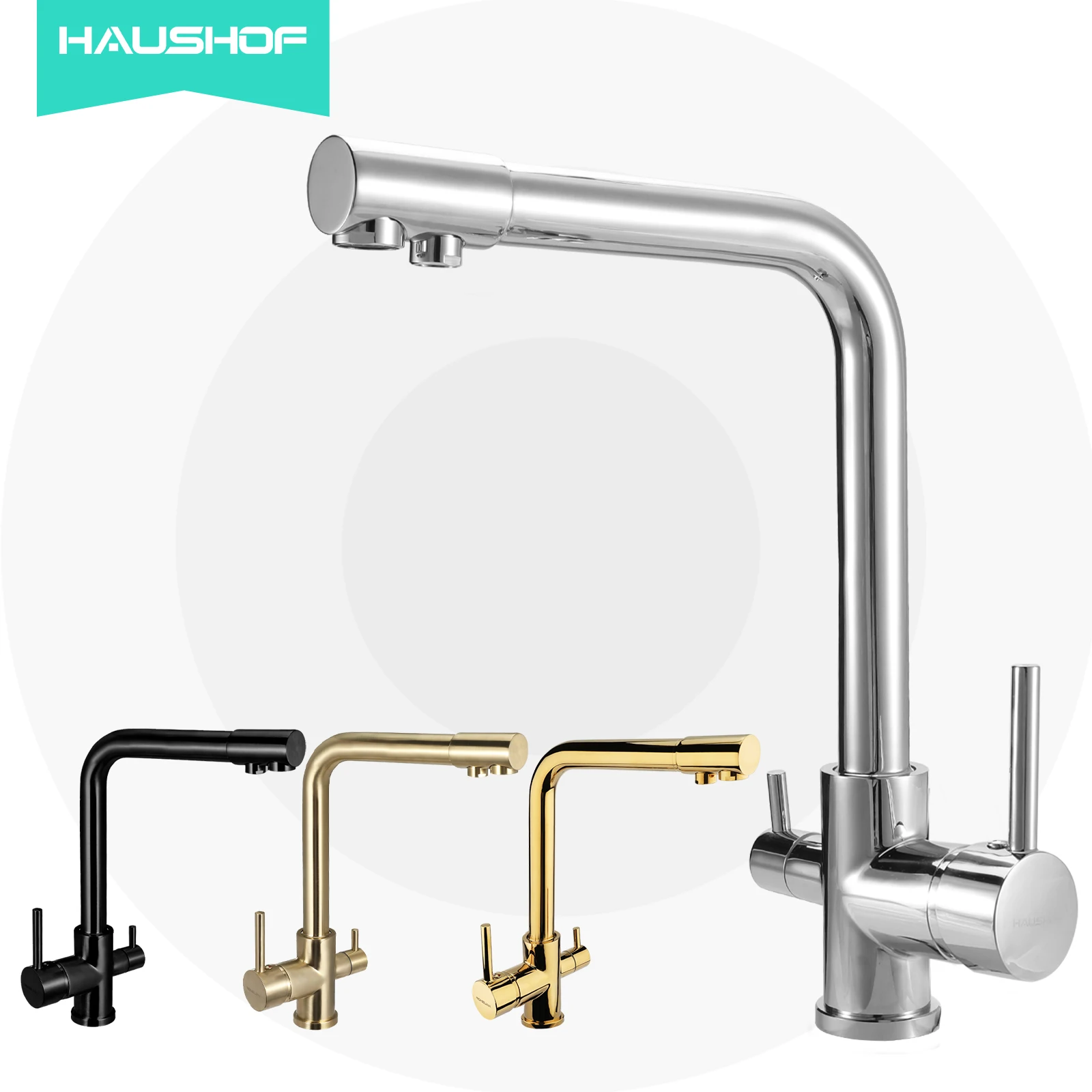 HAUSHOF Brass Filter Kitchen Faucet 360° Rotate Purifier Faucets Pure Drinking Water Tap 3-Ways Hot Cold Mixer Taps Brushed Gold