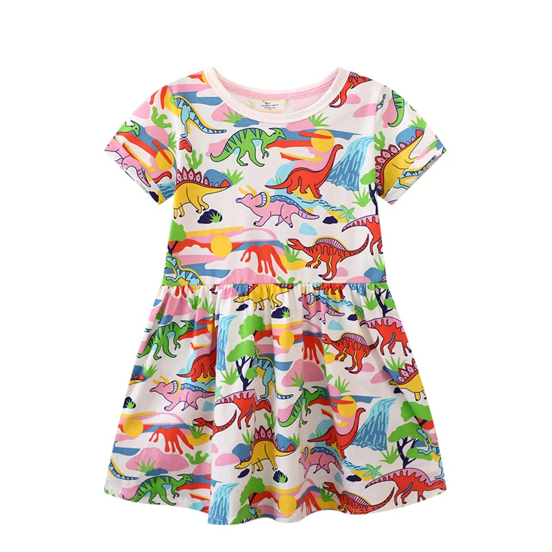 

2023 Colorful Cotton Dress with Dinosaurs Summer Casual Clothes Lovely Frocks for Sweet Toddler Infant Girls Kids