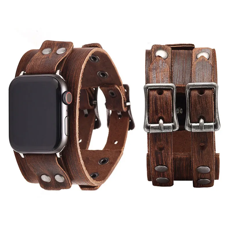 

Double Metal Buckle Strap For Apple Watch Band 40mm 44mm 38mm 42mm 45mm 41mm Genuine Leather Bracelet iWatch series 7 6 5 4 3 SE