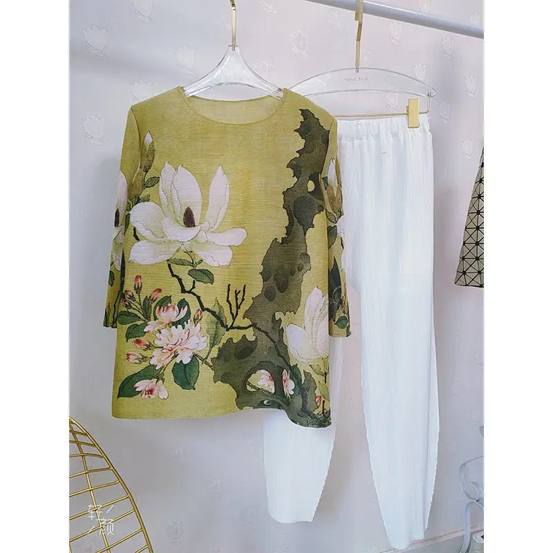 

Temperacy classical design print large size blouse t shirt female 2022 fashion wild loose short sleeve o neck pleated T-shirt