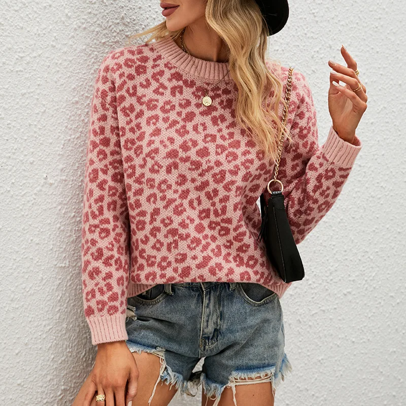 

Leopard Sweater Women 2022 Autumn Winter Chic Clothes Ladies Casual Pullover Knitted Top Classic O Neck Sweaters Pink And Gray
