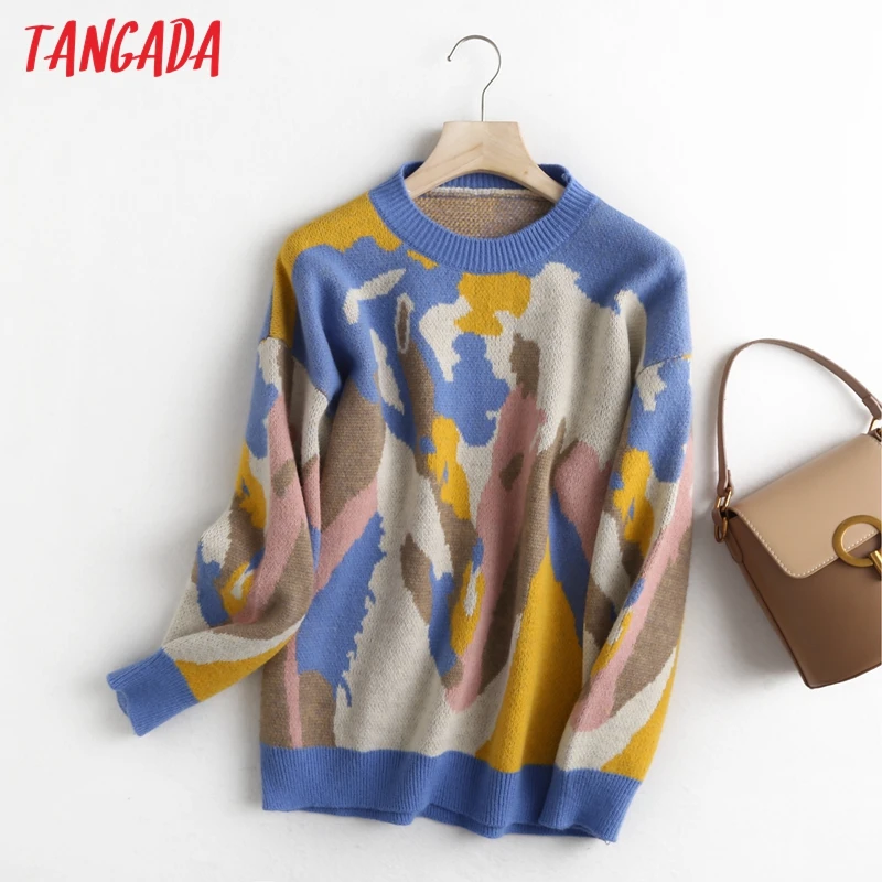 

Tangada Women Elegant Pating Pattern Knitted Sweater Jumper O Neck Female Oversize Pullovers Chic Tops BC112