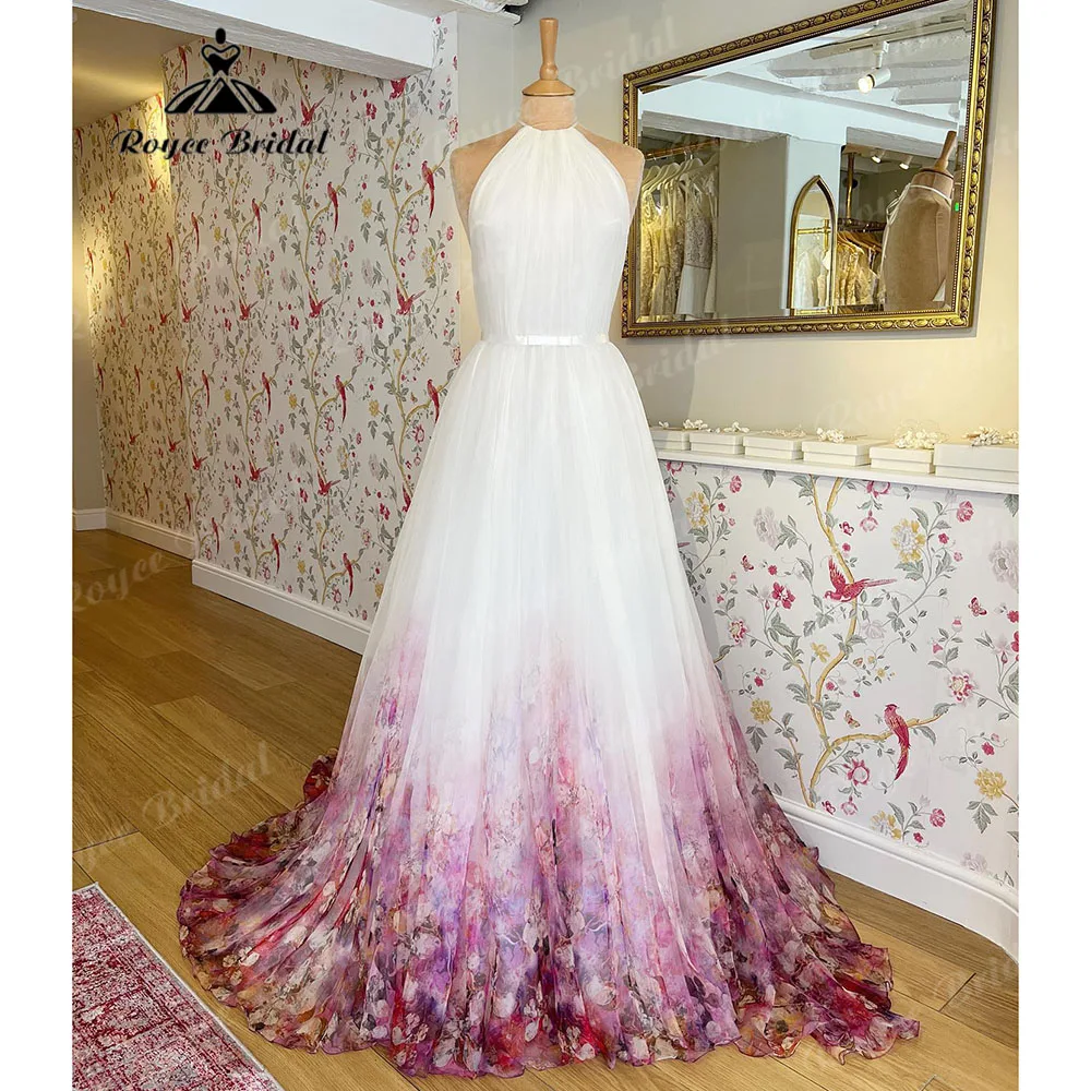 

Halter Neck Chiffon A Line Garden Floral Print Wedding Dress Open Back 2023 Pleats Wedding Gowns for Bridal sukienka na wesele