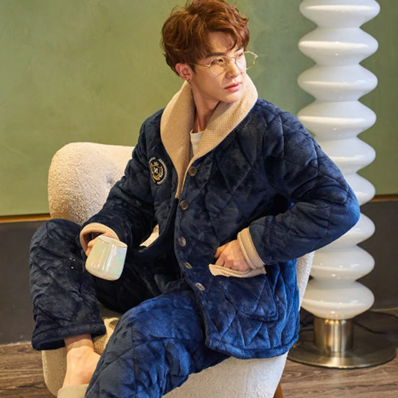QUHENG 2022 Pajama Sets for Men Autumn Winter Thick Warm Flannel Sleepwear Suit Long Sleeve Coral Velvet Sleepwear Loungewear