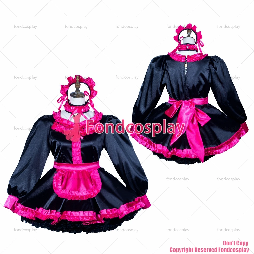 

tailor-made sexy adult dressing cross maid sissy black satin dress lockable uniform hot pink apron costume tv/cd[g3798]