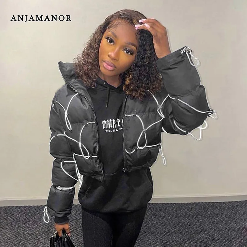 

ANJAMANOR Drawstring Zip Up Hooded Cropped Puffer Jacket Black Outerwears Winter Coats for Women Clothes Streetwear D85-AZZ66