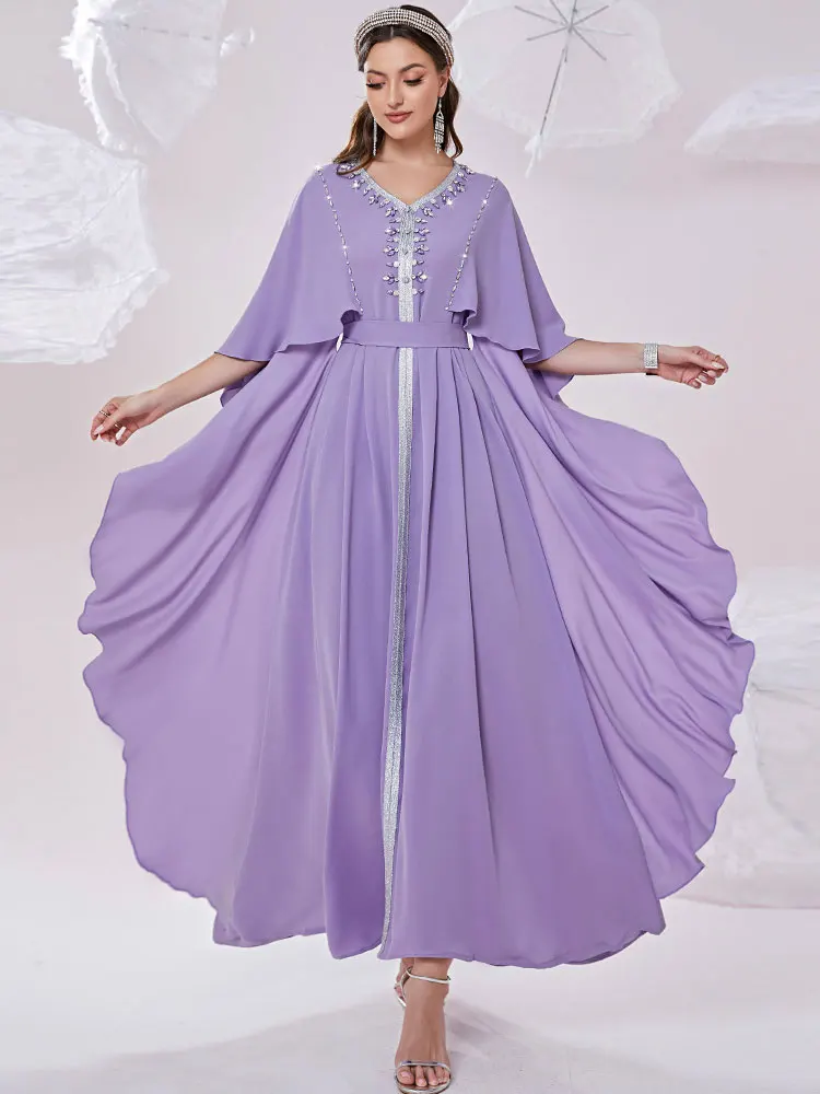 

Arabian Evening Kaftan Long Dress Handsewn Rhinestones Irregular Hem Butterfly Sleeve Muslim Dresses Dubai Abaya Lavender 2023