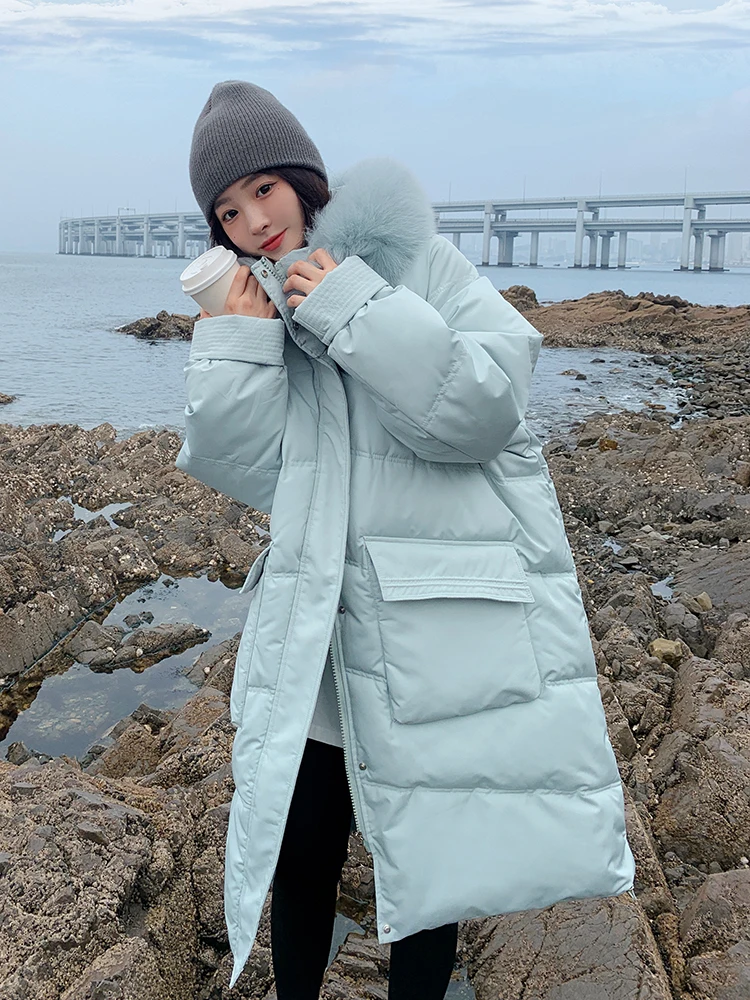 2022 Winter Hooded Fur Collar Long Parkas Mujer Thick Warm Down Cotton Padded Jacket Women Casual Hoodies Oversize Coat Female