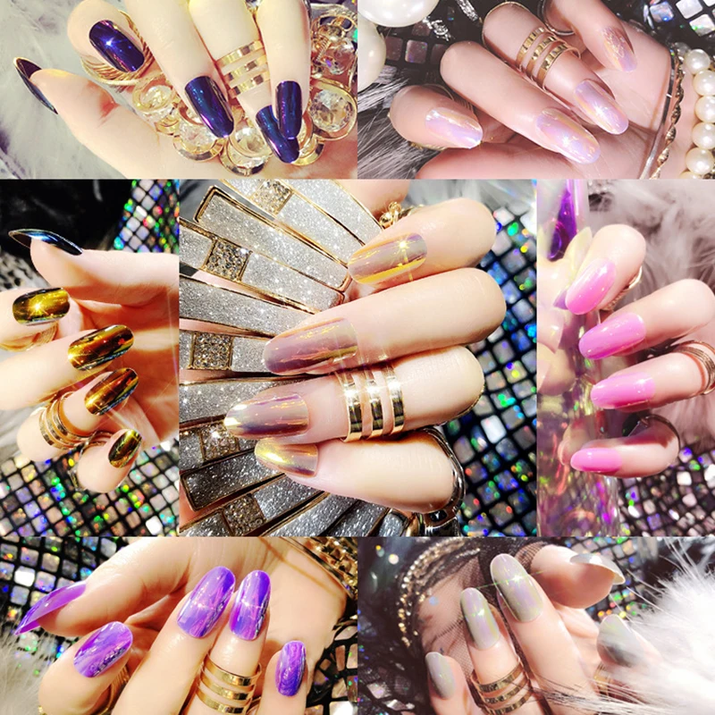 

Design Mirror Aurora Illusion Fake Nails With Glue Removable Paragraph Fashion Manicure Artificial False Nails For Girl 24Pcs