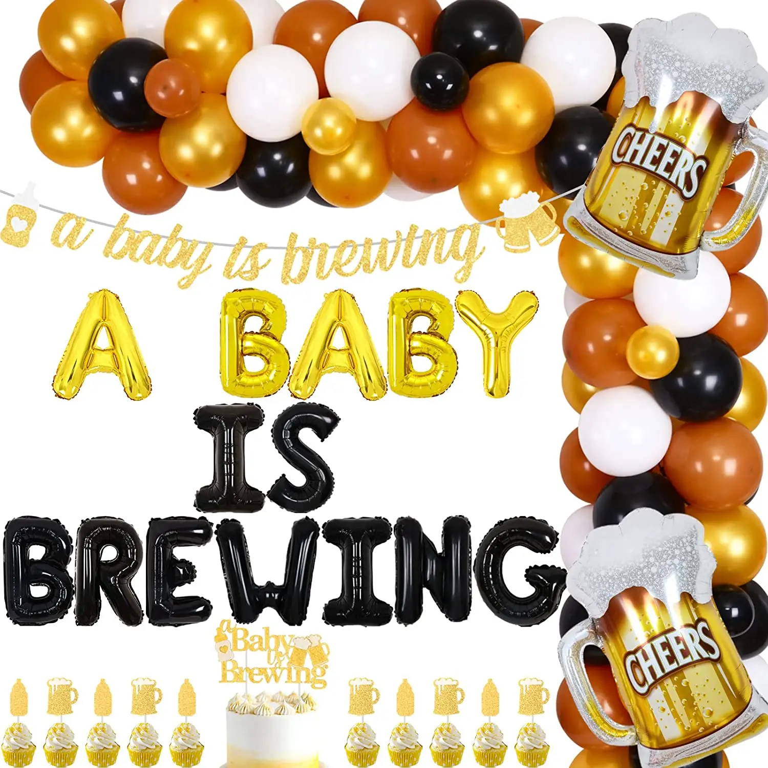 

Baby Shower Diaper Party Decorations Baby Is Brewing Banner Cake Toppers Balloon Garland Kit with Cheers Beer Mug Foil Balloons