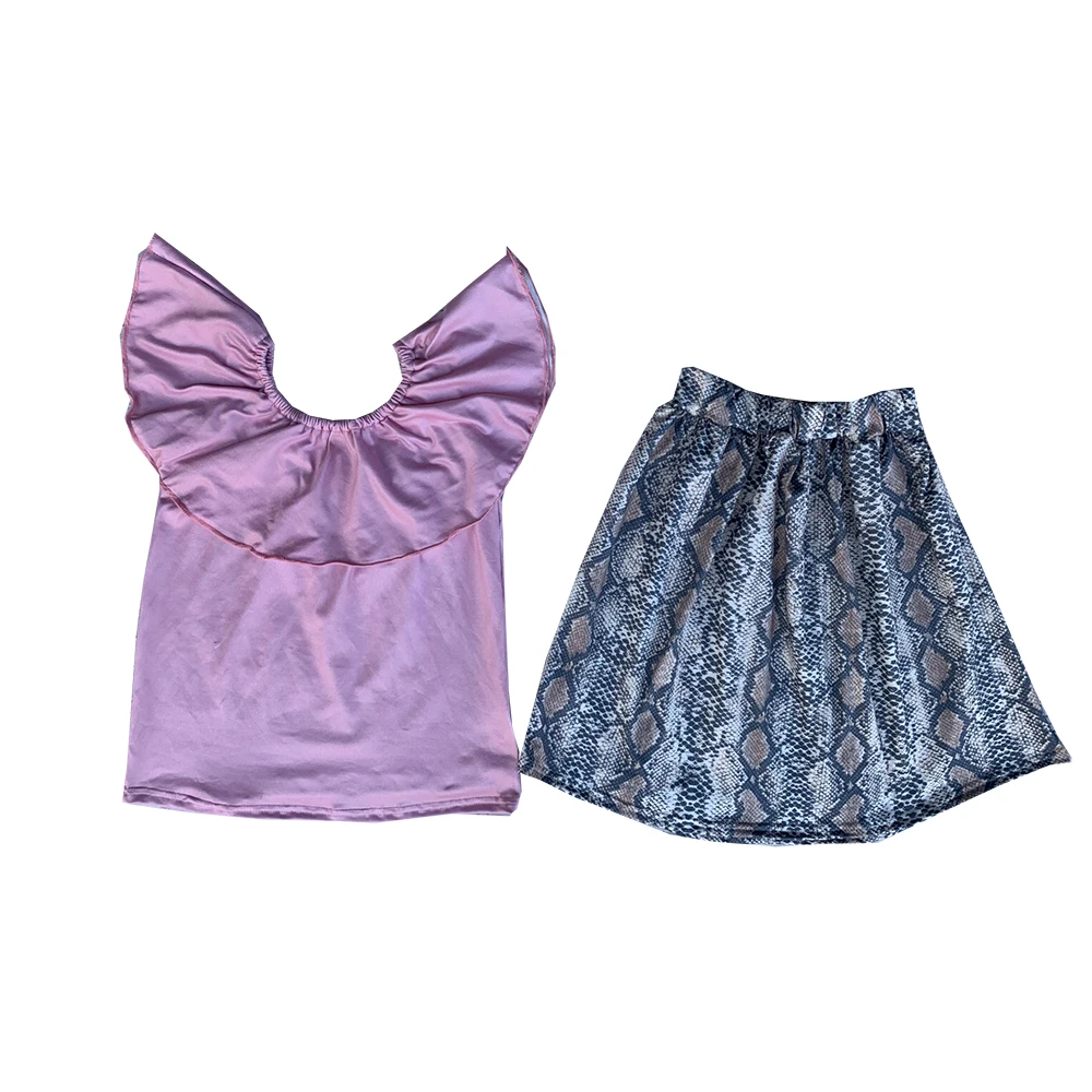 

Wholesale Girls Sets Pink Short Sleeved Top Snake Skin Short Skirt 2 PieceChildren Clothes