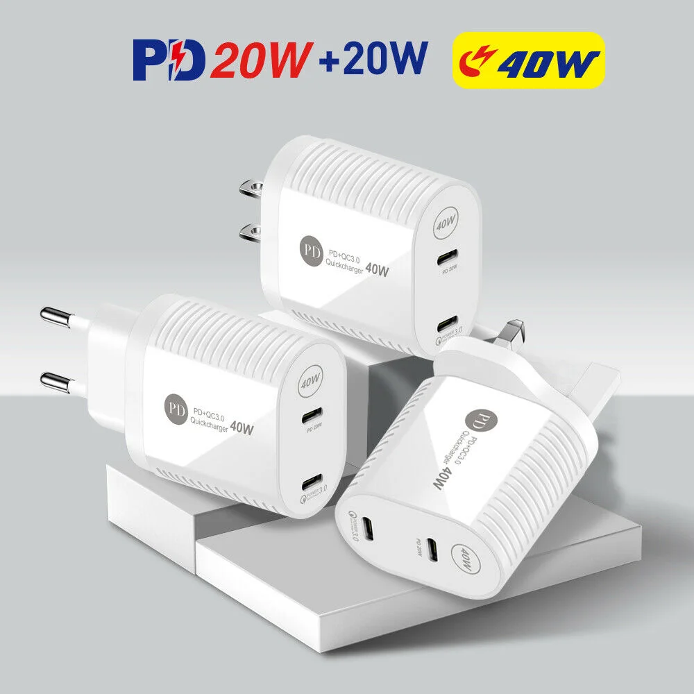 

PD 40W Mobile Phone Charger Dual USB/Type-C Plug Travel Wall Chargers Adapter Universal Smartphone Accessory