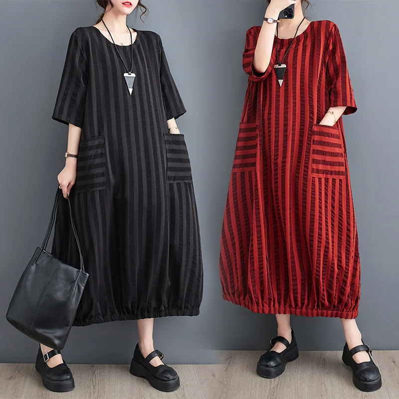 

#3833 Black Red Striped T Shirt Dress Women Three Quater Sleeve Loose Vintage A-line Dress Big Pockets Korean Style Retro Midi