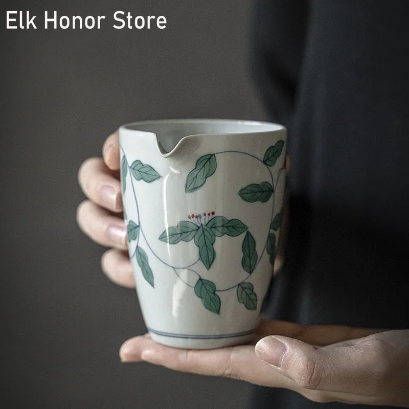 

190ml Retro Plant Ash Ceramic Tea Pitcher Ancient Blue Glaze Full Color Vine Branch Art Justice Cup Kung Fu Tea Divide Tea Tool