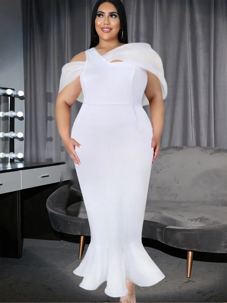 

Plus Size 4XL Long Women White Dresses Elegant Bare Shoulder Cloak Sleeve Mermaid Robes Femmes Party Bridesmaid Wedding Gowns