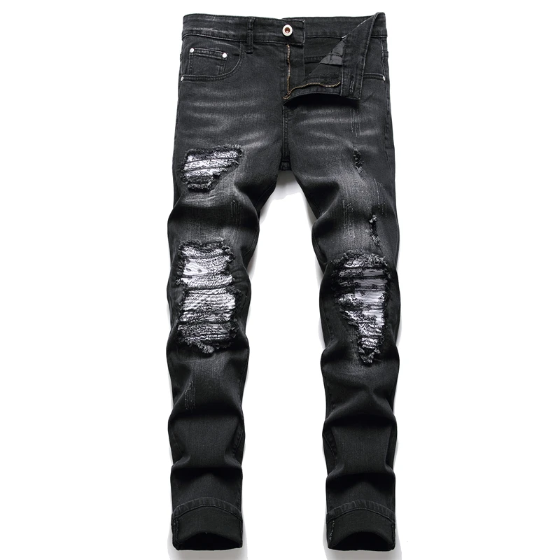 

Men Paisley Bandana Print Patch Jeans Streetwear Patchwork Holes Ripped Stretch Denim Pants Slim Straight Biker Trousers