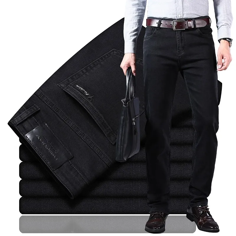 Autumn New Men's Pure Black Business Jeans Classic Style Regular Fit Stretch Denim Pants Fashion Casual Brand Trousers