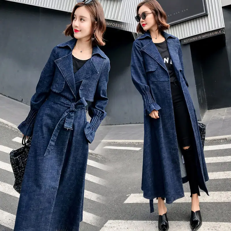 Classic Temperament Women's Trench Coat 2022 Spring Fall High End Denim Coat Popular British Style Super Long Windbreaker h1195