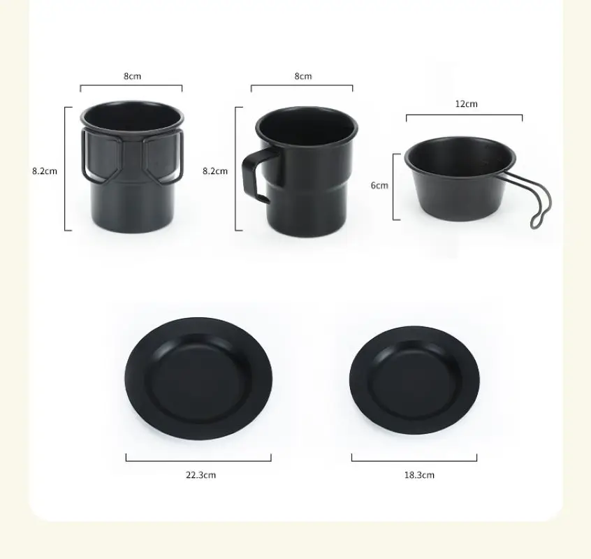 Czarnie powlekane naczynia do gotowania na świeżym powietrzu piknik kempingowy przenośny 6-częściowy zestaw kuchenek zagęszczonych ze stali