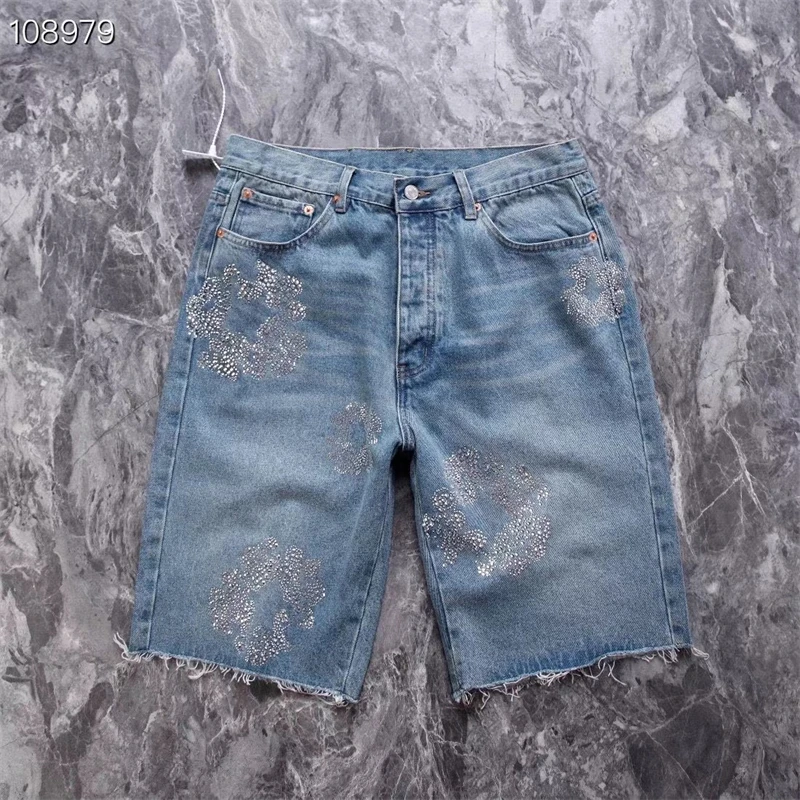 

Diamond Inlaid Kapok Pattern Denim Jeans Shorts Men Women Vintage Kanye Unisex Shorts