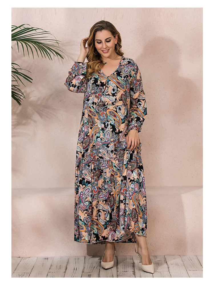 Spring and Summer Best Selling Retro Paisley Plus Size Dress Fat mm Loose Long Sleeve Pendulum Long Dress