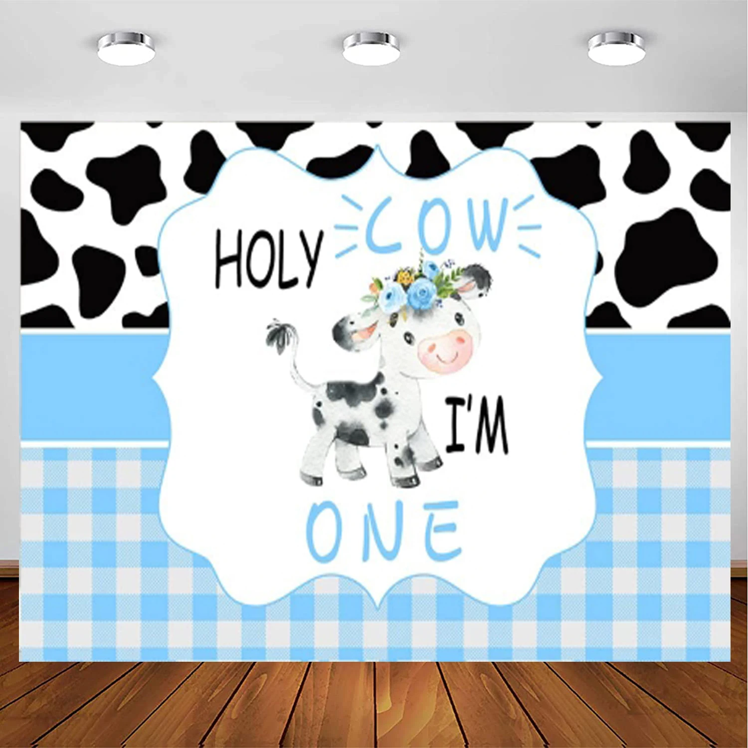 

Holy Cow I'm One Photography Backdrop Boys 1st Birthday Cow Theme Party Banner Decoration Blue Boy Farm Animals Kids Background