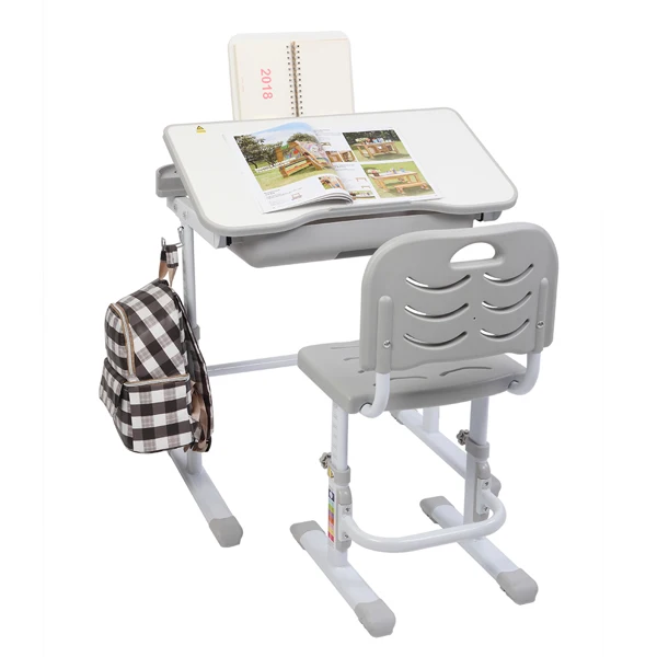 

70CM Lifting Kid Study Table Can Tilt Children Learning Table And Chair Gray (With Reading Stand Without Table Lamp)