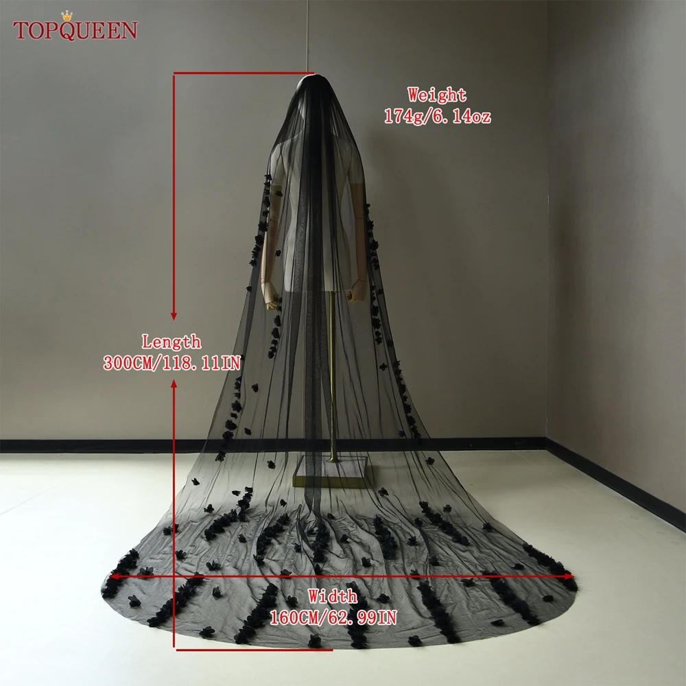 TOPQUEEN Черный собор с 3D цветами свадебная фата длинная 2024 стиль каскадный цветок из