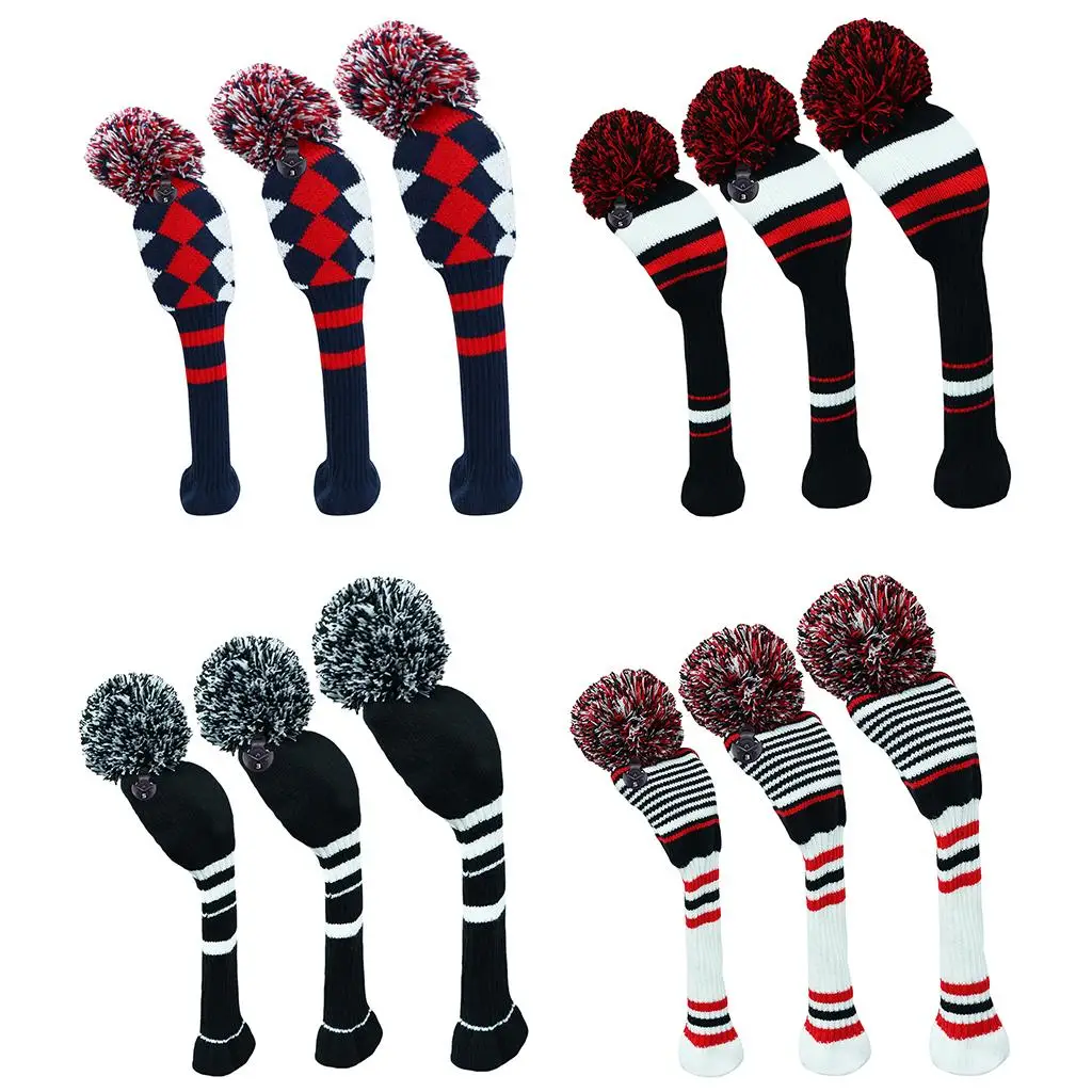 

3Pcs Pom-Pom Head Covers Drivers Club Golf Wood Headcover Protect Sleeve