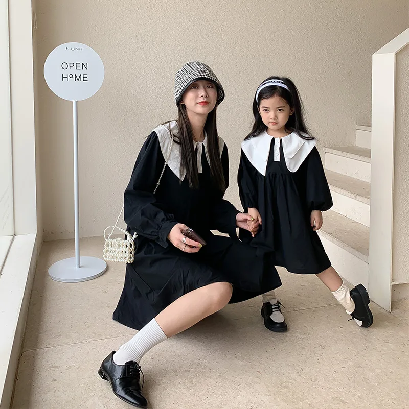 

Family Matching Outfits Dress Full Sleeve Above Knee Length O-neck Collar Pullover Solid Designable Spring Children Girls