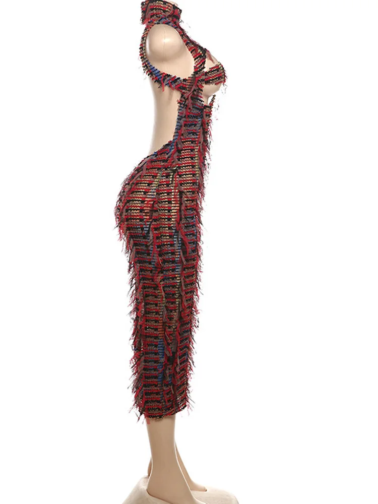 Beyprern женское разноцветное трикотажное платье миди с кисточками и открытой