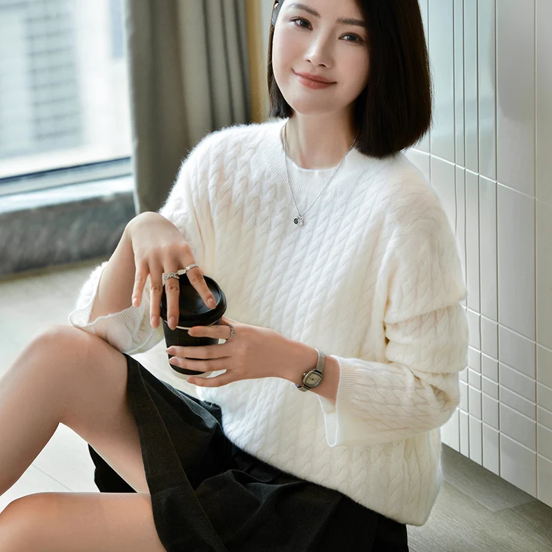 Женский свитер из мериносовой шерсти с круглым вырезом и длинными рукавами