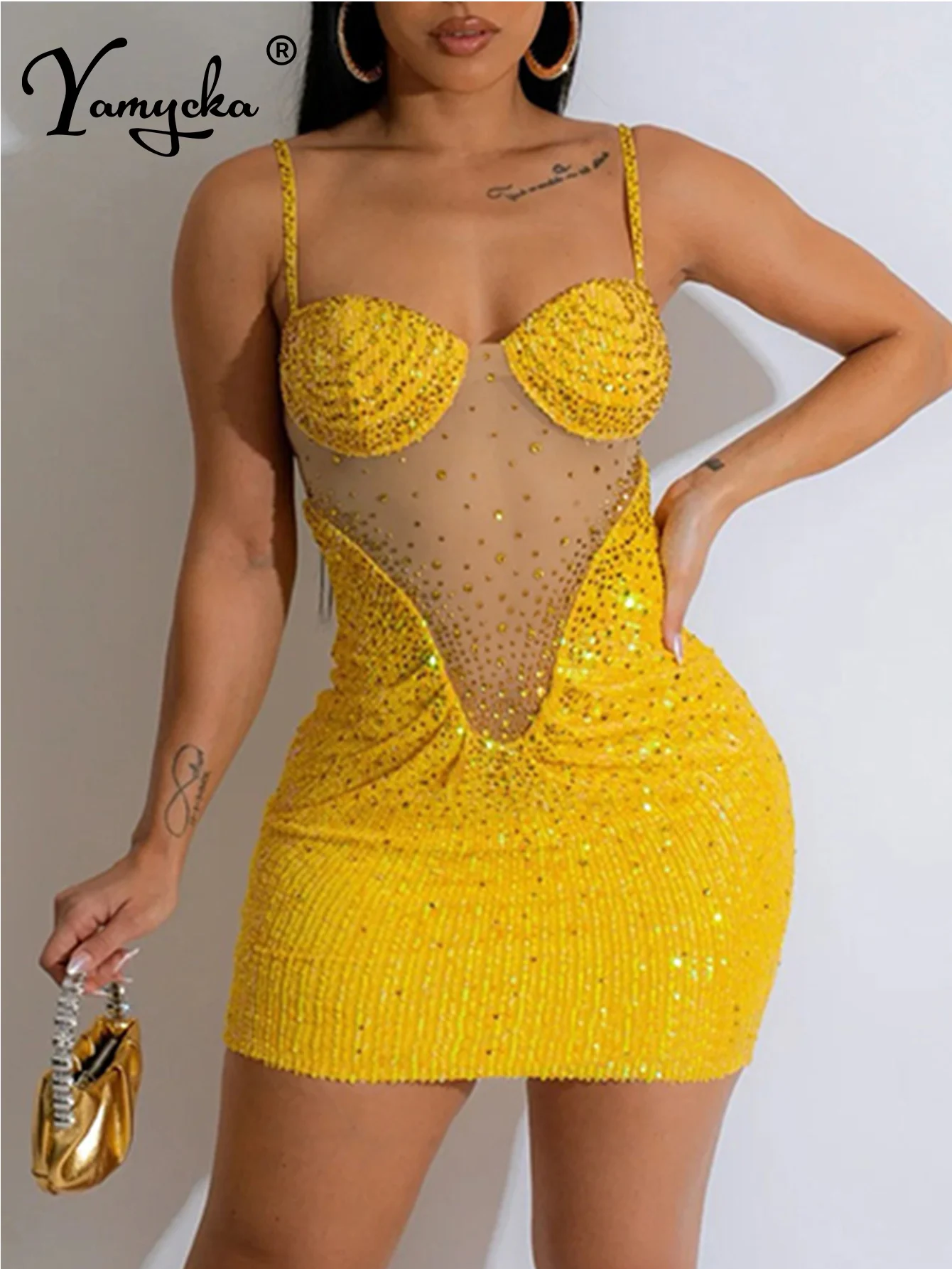 Сексуальное прозрачное мини-платье с блестками летнее женское платье 2024