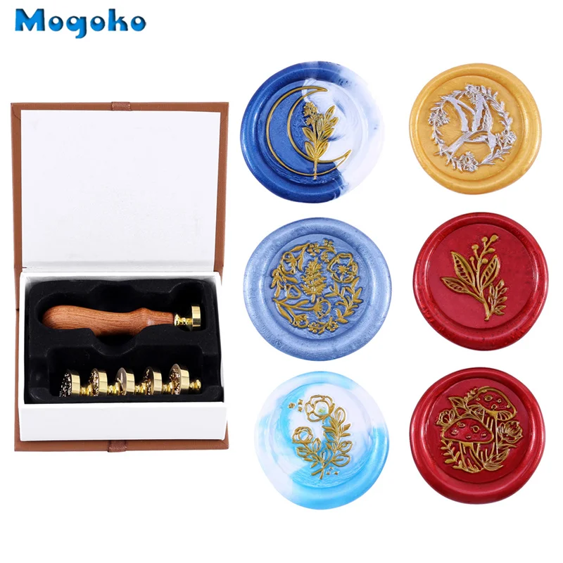 

Mogoko Plant Wax Seal Stamp Set Flower Sealing Wax Stamps Heads With Wooden Handle Mushroom Bird With Flower Rose Stamps