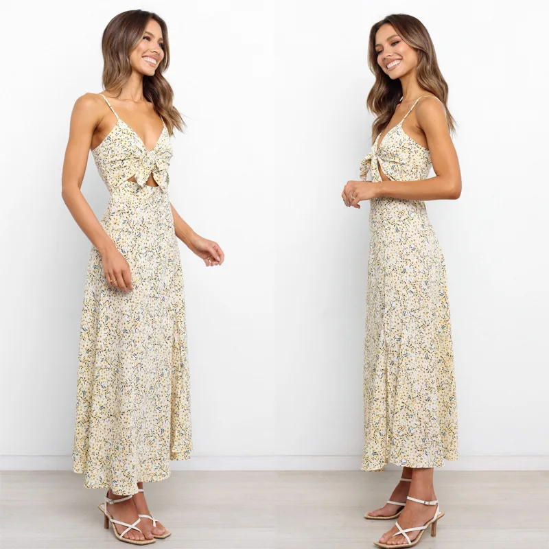 

Women Summer Dress 2022 New Print Floral Spaghetti Straps Commuter Elegant Sexy Beach Party Dresses Suspenders Slit Neck Dress