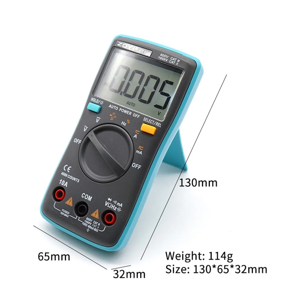 

ZOYI Digital Multimeter ZT100 4000 counts DC/AC Voltage Current Capacitance Hz Diode Ohm tester Ammeter Voltmeter Backlight