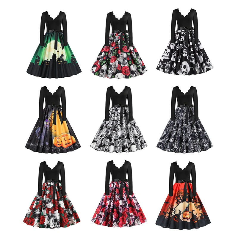 

Halloween Horror Atmosphere Pattern Long Sleeve Dress Women Novelty Dress Cosplay Costume