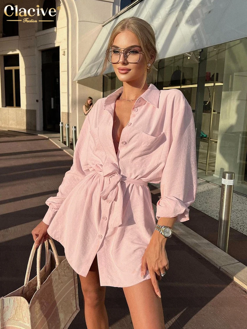 

Clacive Fashion Pink Mini Dress Ladies Autumn Lapel Long Sleeve Causal Dress Elegant Single-Breasted Lace-Up Dresses For Women