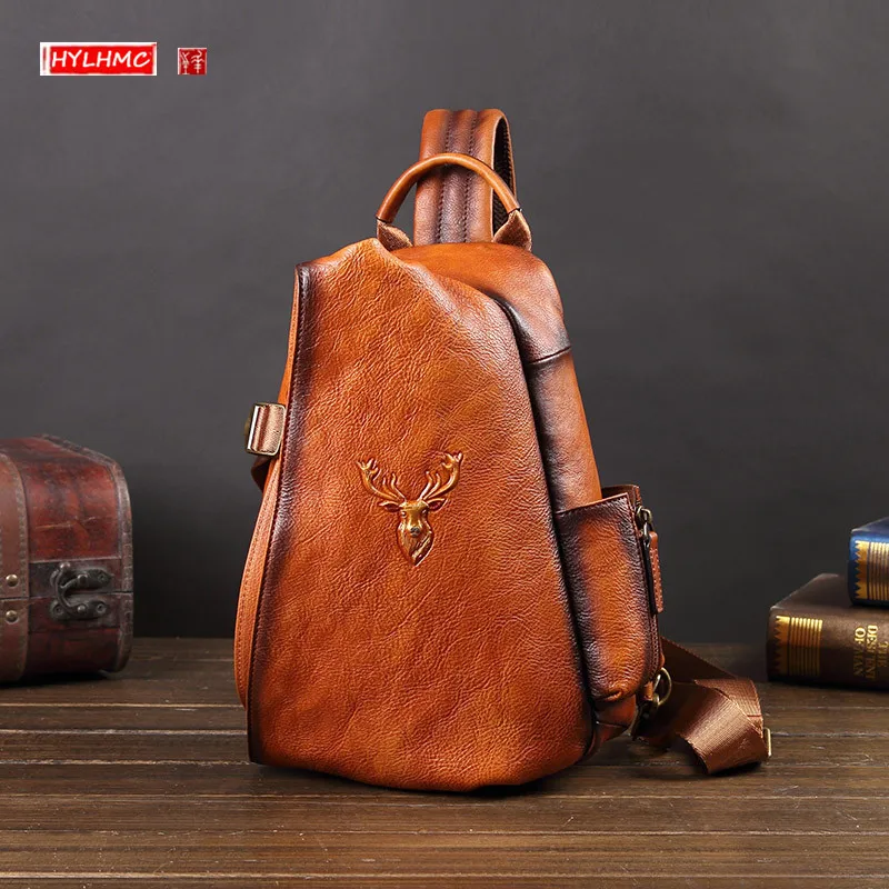 

Vintage Genuine Leatehr Men Chest Bag Shoulder Messenger Bag Fashion Casual Hand Ladle Pack Male Small Chest Bags Soft Flap