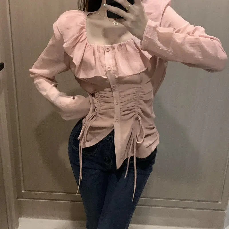 Весенне-осенняя сексуальная милая пряная рубашка с квадратным вырезом и