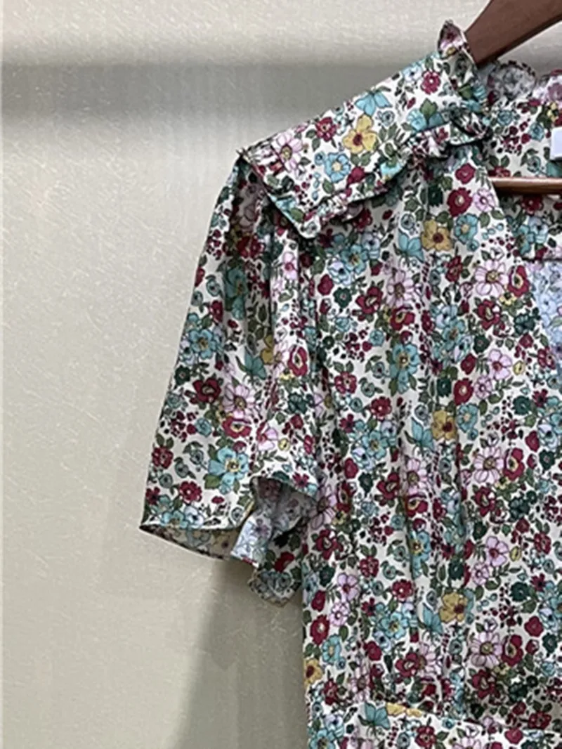 

Women's Ruffles Hem Dress Summer New V-Neck Asymmetric Floral Short Sleeve Buttons Female Casual Mini Robe