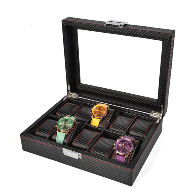 Luxury Watch Box Case Organizer All Black Men 10 Grid Watch Storage Box Carbon Fiber PU Leather Box Watches Display Gift Ideas