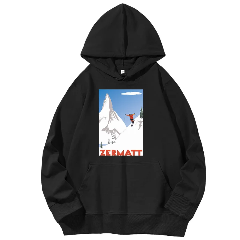 Swiss Alps Ski  Zermatt Valais Switzerland Poster graphic Hooded sweatshirts Man sweatshirts cotton streetwear Men's clothing