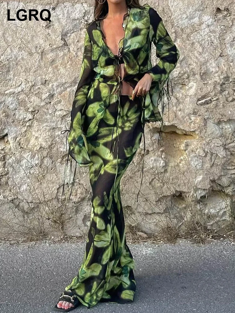 

LGRQ Fashion High Quality Tie-dyed Printed Pattern Women's Shirts Long Sleeve Skirts Two-piece Sets 2023 Elegant Clothes 19F1645
