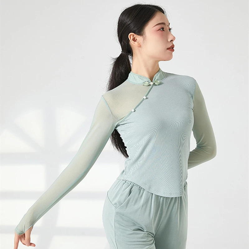 Топ для классических танцев одежда тренировок Женская сетчатая рубашка с