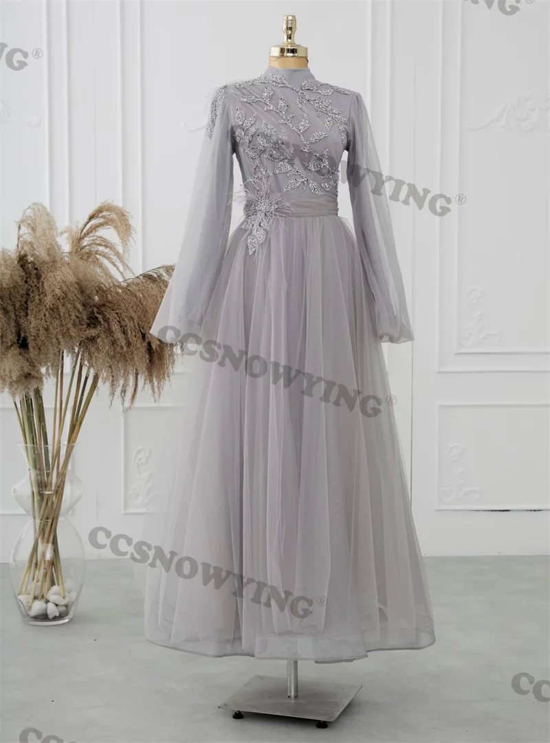 

Tulle Appliques Beaded Muslim Evening Dresses Long Sleeve Islamic Formal Party Gowns High Neck Women Arabic Robes De Soirée