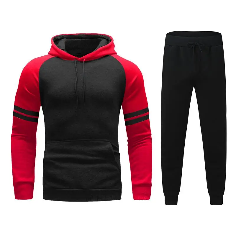 Men's Two Piece Suits Hooded Tracksuit Solid Color Loose Sportswear Male Striped Pullover Tops and Drawstring Pants Casual Sets